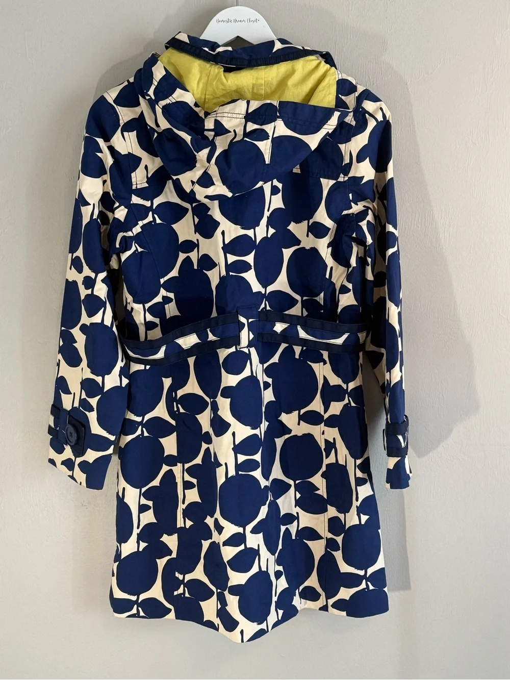 BODEN Women’s Blue Ivory Apple Print Hooded Belted Trench Coat Size US 6